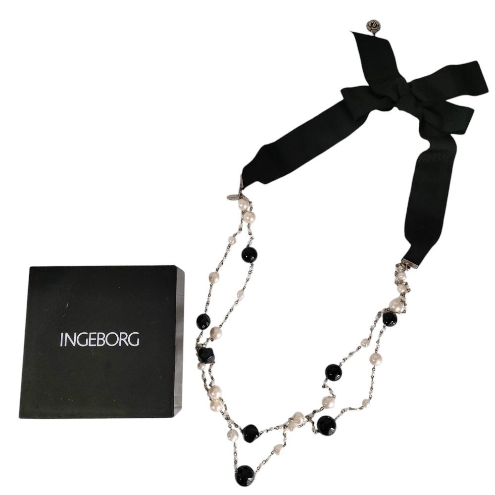 アクセサリー INGEBORG 良品 INGEBORG インゲボルグ パール調 リボン ロングネックレス