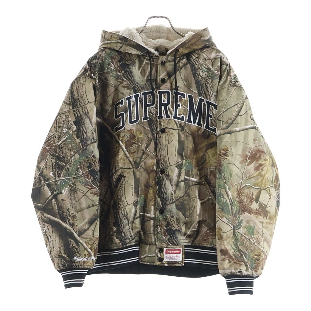 SUPREME (シュプリーム) 25AW ×Mitchell&Ness Lined Hooded Satin Varsity Jacket ミッチェルアンドネス リアルツリー ラインドフーデッド サテンバーシティジャケット カーキ