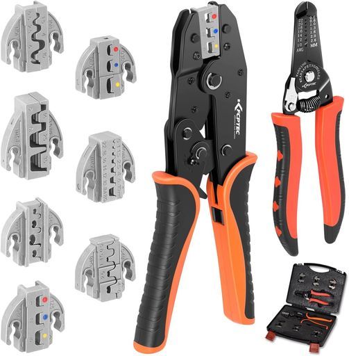 KF CPTEC 圧着工具セット 9点組 ? 熱収縮端子・オープンバレル端子・絶縁/非絶縁フェルール・ソーラーコネクタ対応 交換可能ダイス付き棘輪式圧