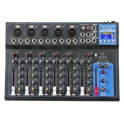 Depusheng HT7 BluetoothポータブルオーディオミキサーW/USB DJサウンドミキシングコンソールMP3ジャック48V電源コンピュ