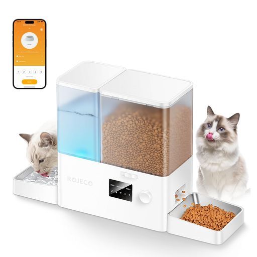 ROJECO 自動給餌器 猫 給水器一体化 餌やり機5L大容量 + 給水器3.5L wifi スマホ遠隔操作 餌詰まり防止 透明タンク 多頭飼いに向け
