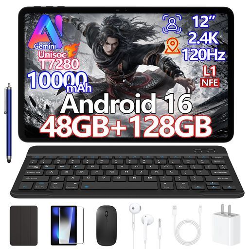 P12 Android16 12インチ 大画面 タブレット Gemini AI機能 8コア CPU 48GB RAM+128GB ROM+2TB拡張可