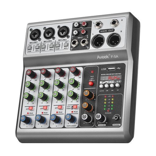 Aveek 5チャンネルオーディオミキサー、USB/Bluetooth対応リバーブ・ディレイ効果搭載サウンドボードミキシングコンソール、入力48Vファ
