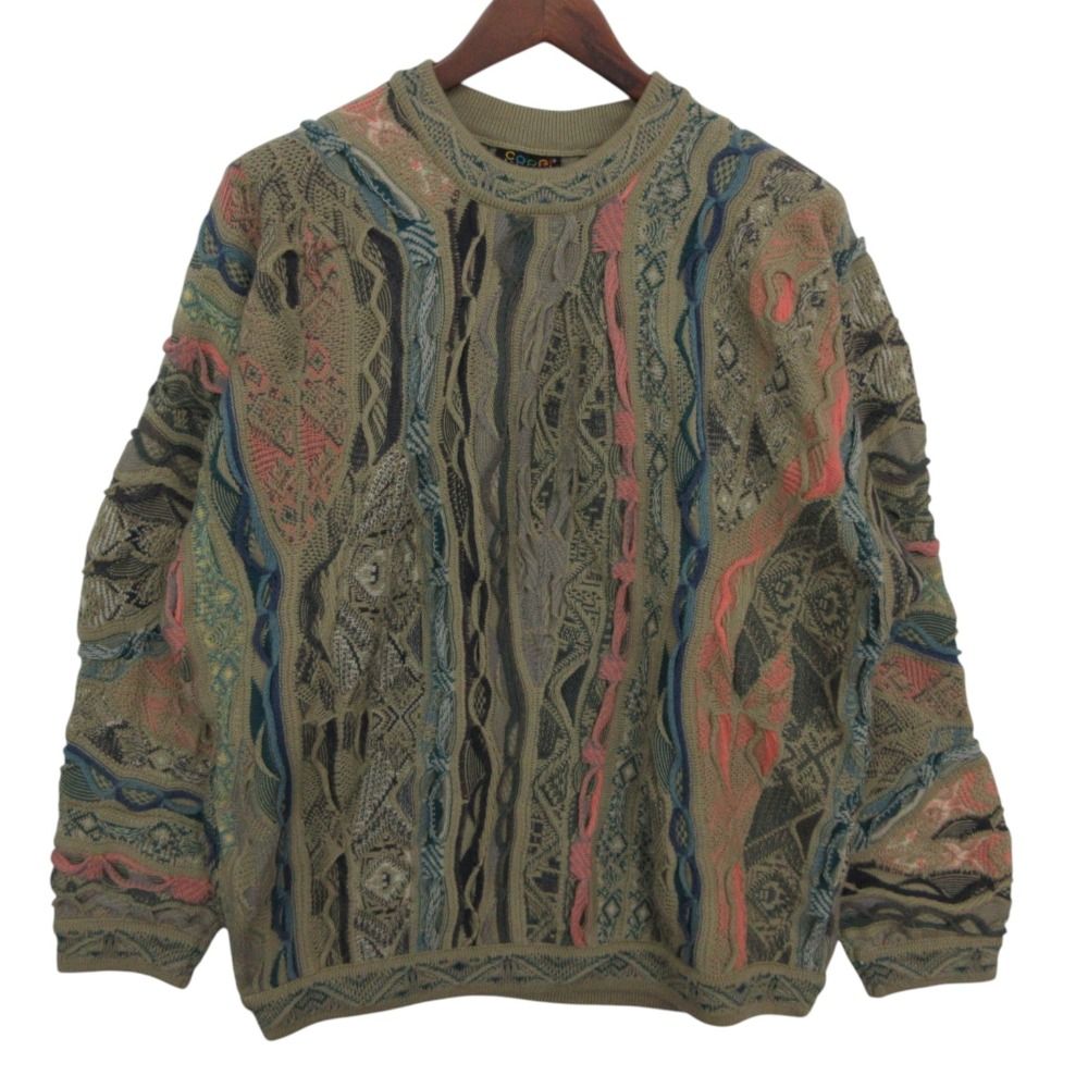 COOGI クージー ニット クージー柄 3D セーター 長袖 クルーネック アースカラー 立体 オーストラリア製 ウール トップス マルチカラー L メンズ 【中古】