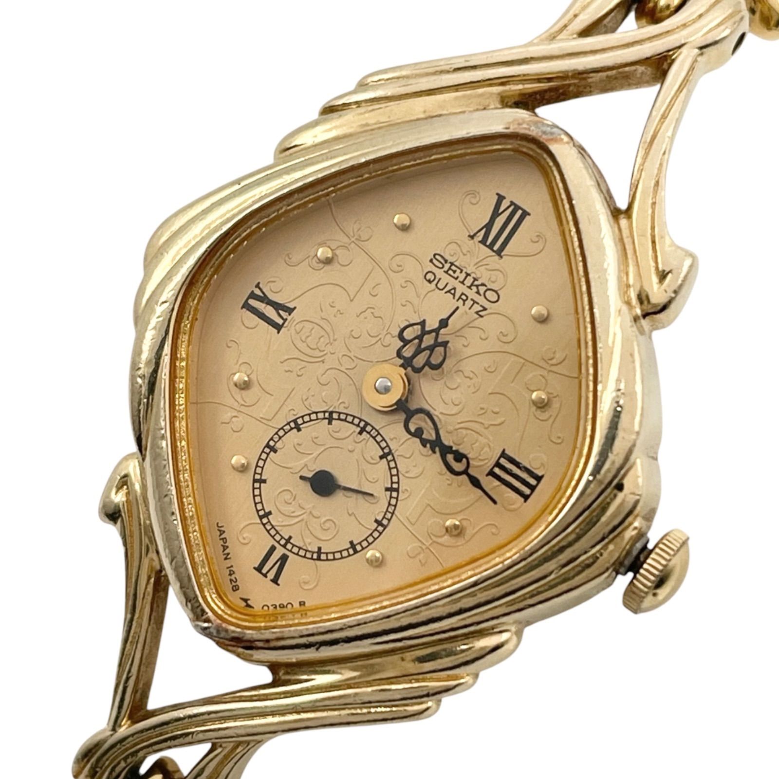 新品電池/稼働　SEIKO　セイコー　腕時計　クォーツ　ヴィンテージ　1428-5130　スモールセコンド　スモセコ　ひし形　菱形　ダイヤ型　ローマン　アールデコ　ゴールド　レトロ　彫刻　【p29】