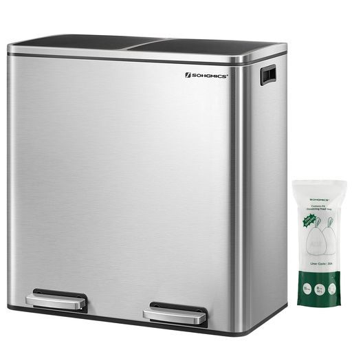 SONGMICS ゴミ箱 ダストボックス 2分別 ゴミ袋付き ペダル式 2x30L インナーバケット二つ ステンレス 密閉 音無し おしゃれ スリム
