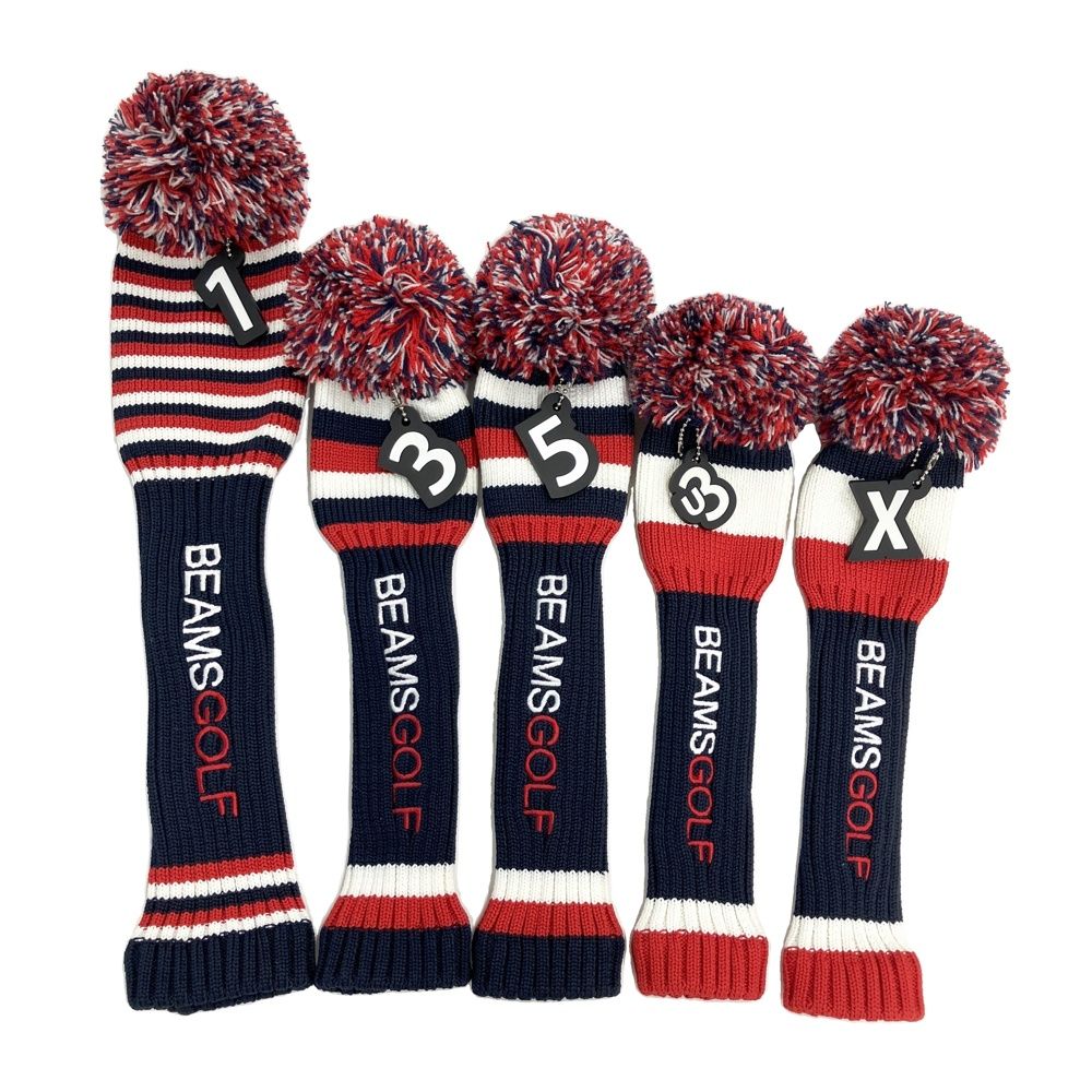 BEAMS GOLF ビームスゴルフ ヘッドカバー ボンボン付 5点セット ボーダー柄 ネイビー系 DR、FW×2、UT×2 [240101745121] ゴルフウェア ストスト