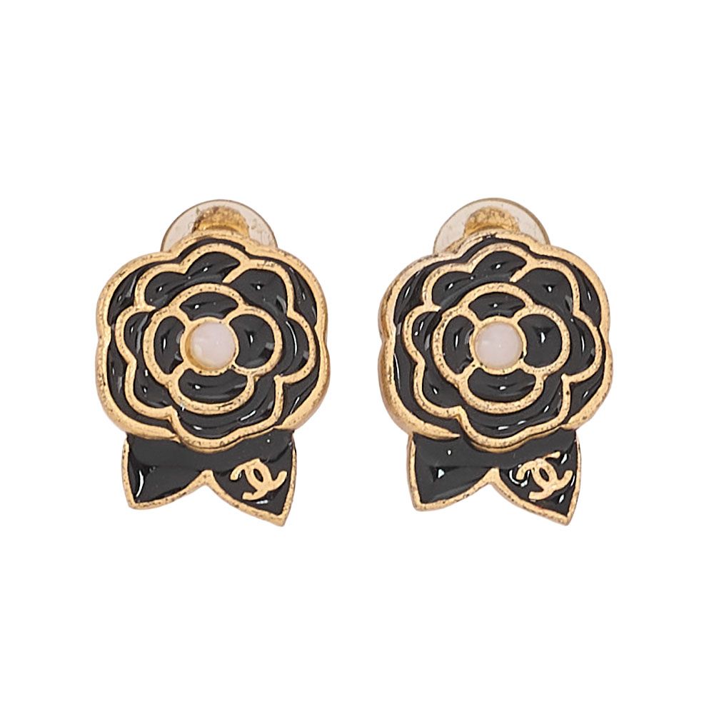CHANEL シャネル　ココマーク　カメリアモチーフ　02A　イヤリング　エナメル×GP　ゴールド金具　 レディースブローチ ハイブランド【中古】【送料無料】