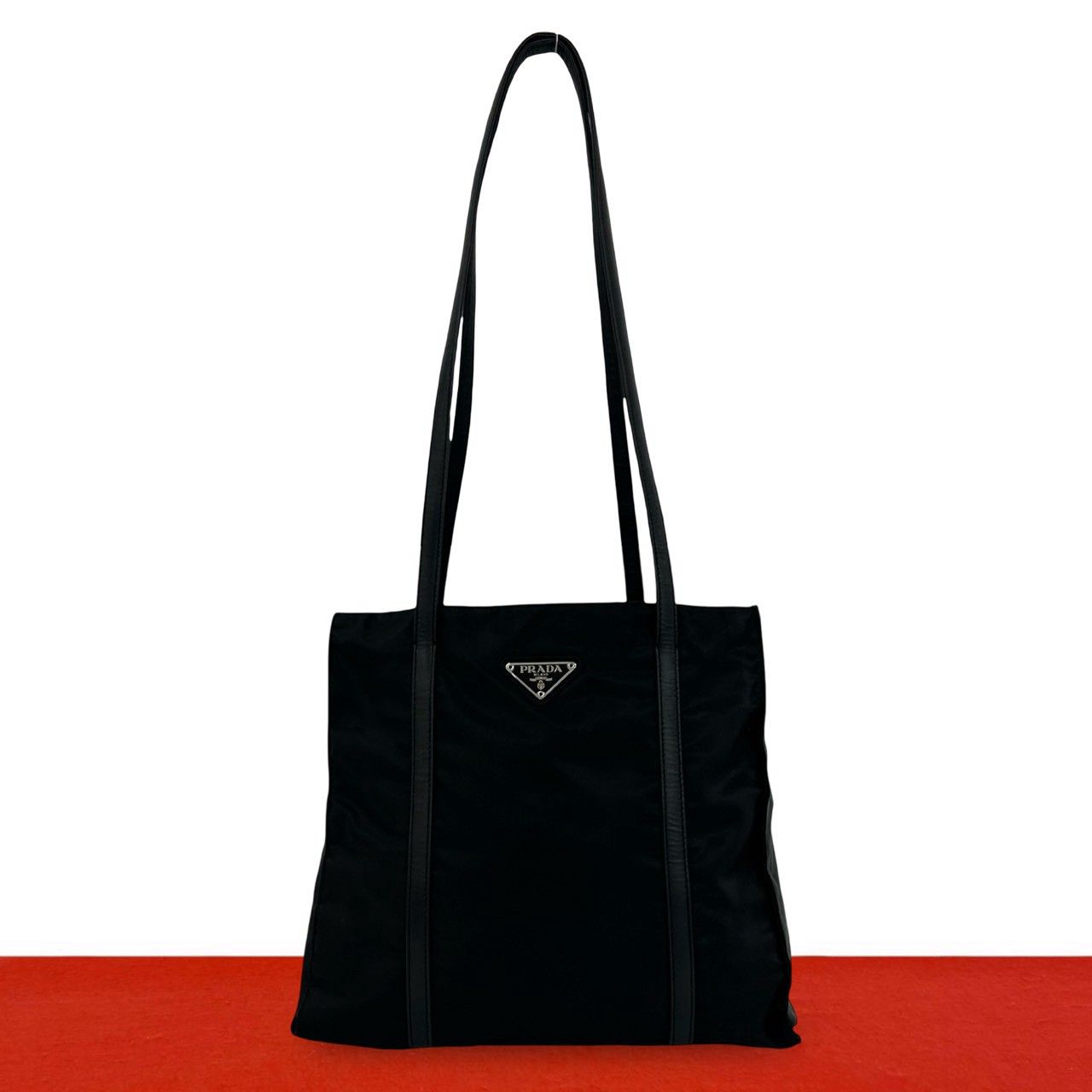 極 美品 PRADA プラダ 三角 ロゴ 金具 プレート ナイロン レザー 本革 