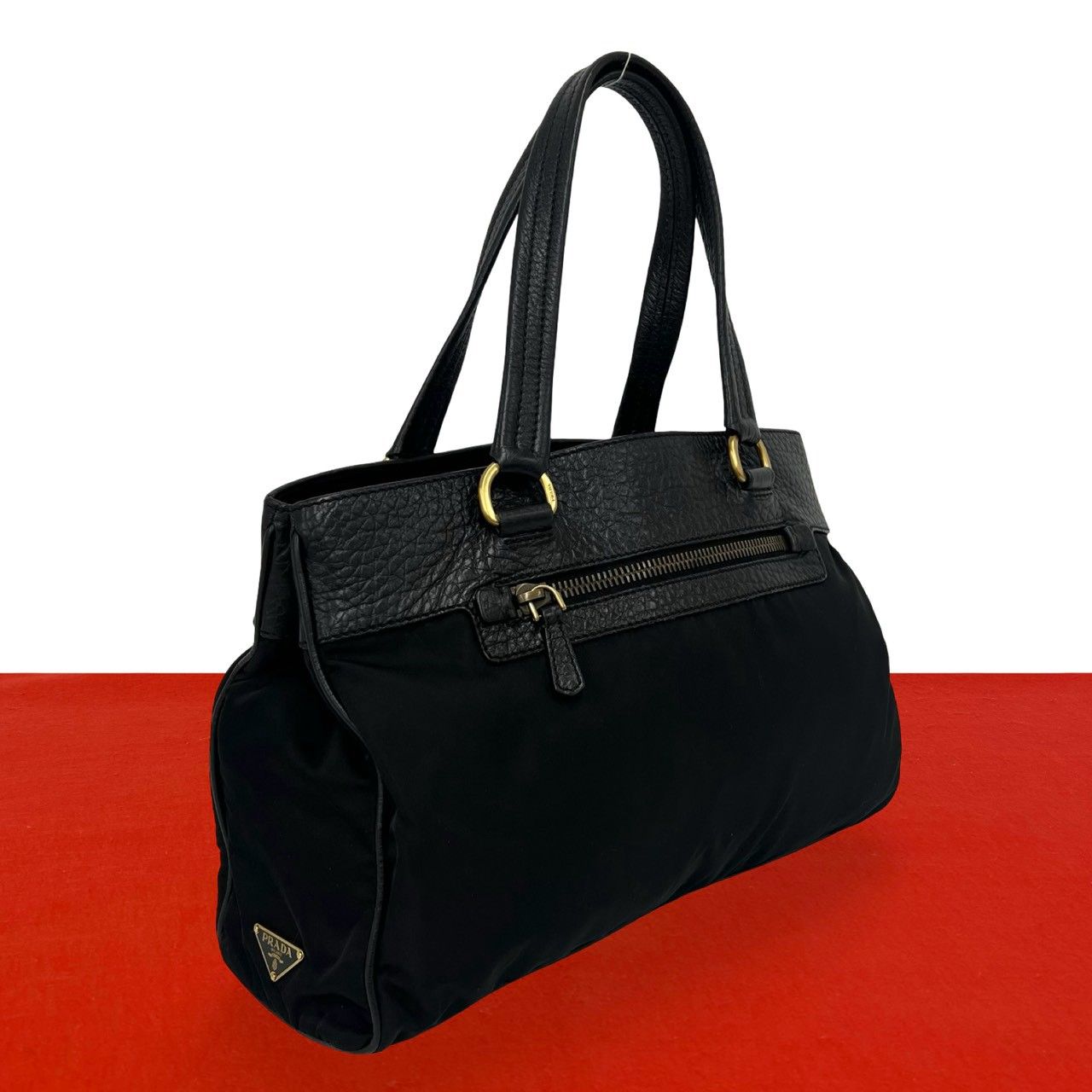 極 美品 PRADA プラダ 三角 ロゴ 金具 プレート ナイロン テスート レザー 本革 ハンドバッグ ミニ トートバッグ ブラック 57787