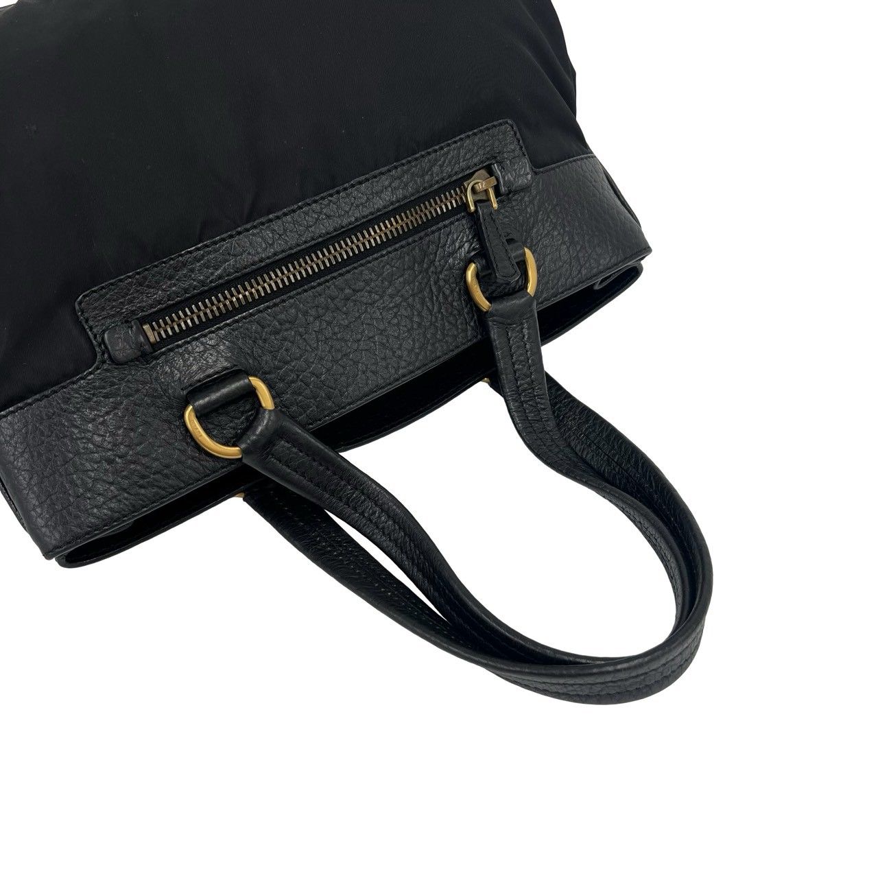 極 美品 PRADA プラダ 三角 ロゴ 金具 プレート ナイロン テスート レザー 本革 ハンドバッグ ミニ トートバッグ ブラック 57787