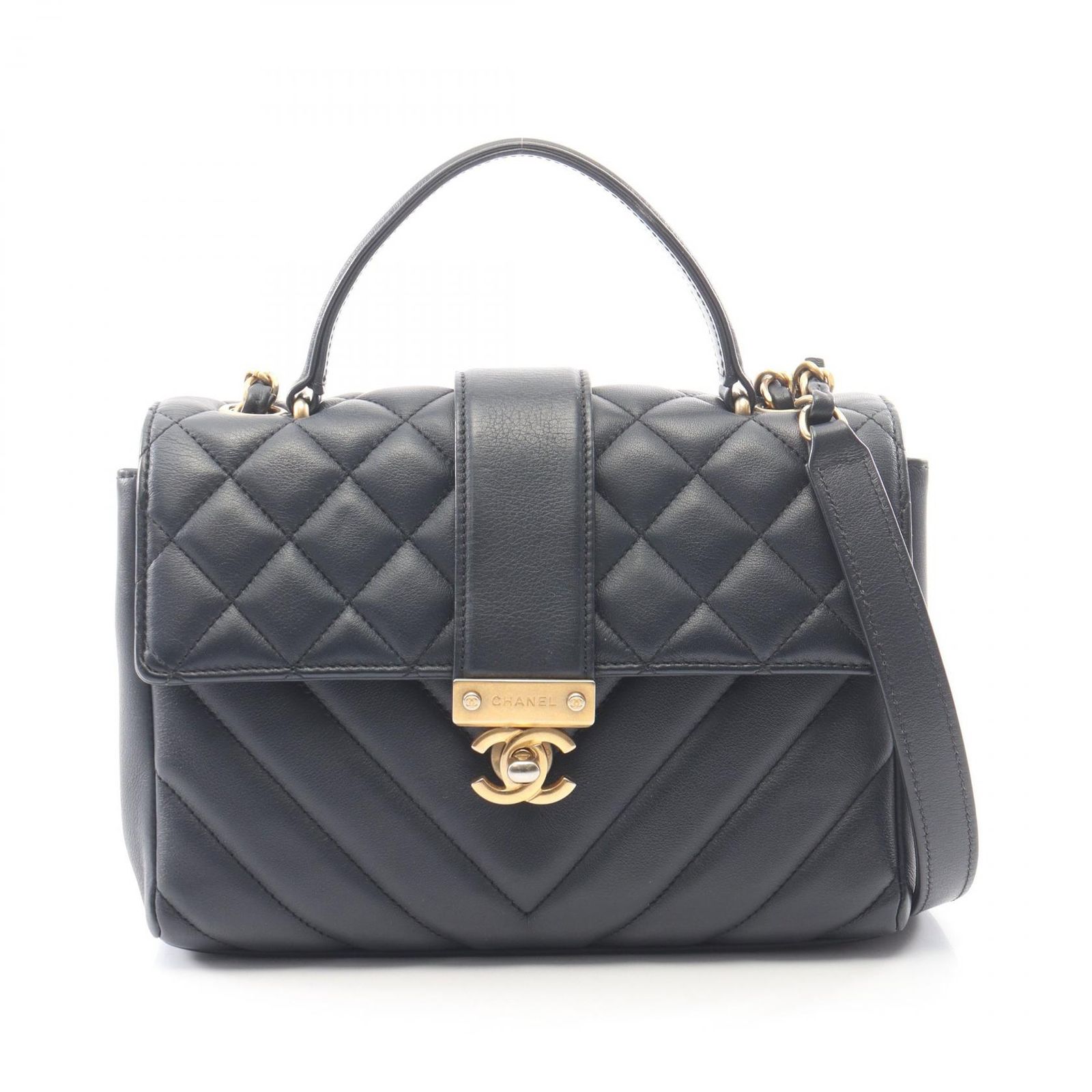 シャネル CHANEL ショルダーバッグ マトラッセ Vステッチ トップハンドル 2WAY ネイビー レザー マトラッセ Vステッチ トップハンドル 2wayチェーンショルダー