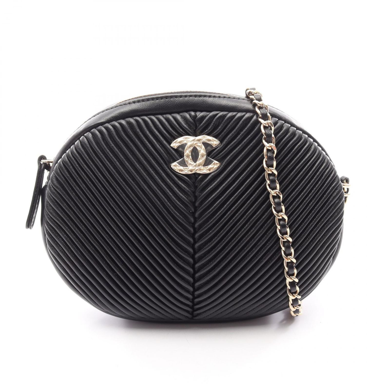 シャネル CHANEL ショルダーバッグ オーバルプリーツ ブラック ラムスキン（羊革） オーバルプリーツ チェーンショルダー レディース Used A