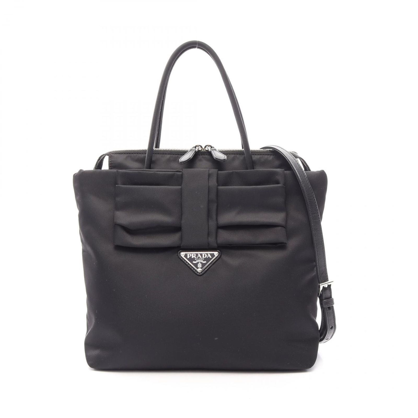 プラダ PRADA ハンドバッグ TESSUTO FIOCCO 2WAY 1BG320 ブラック ナイロン レザー リボンモチーフ トライアングル ロゴ2way トートバッグ レディース Used A