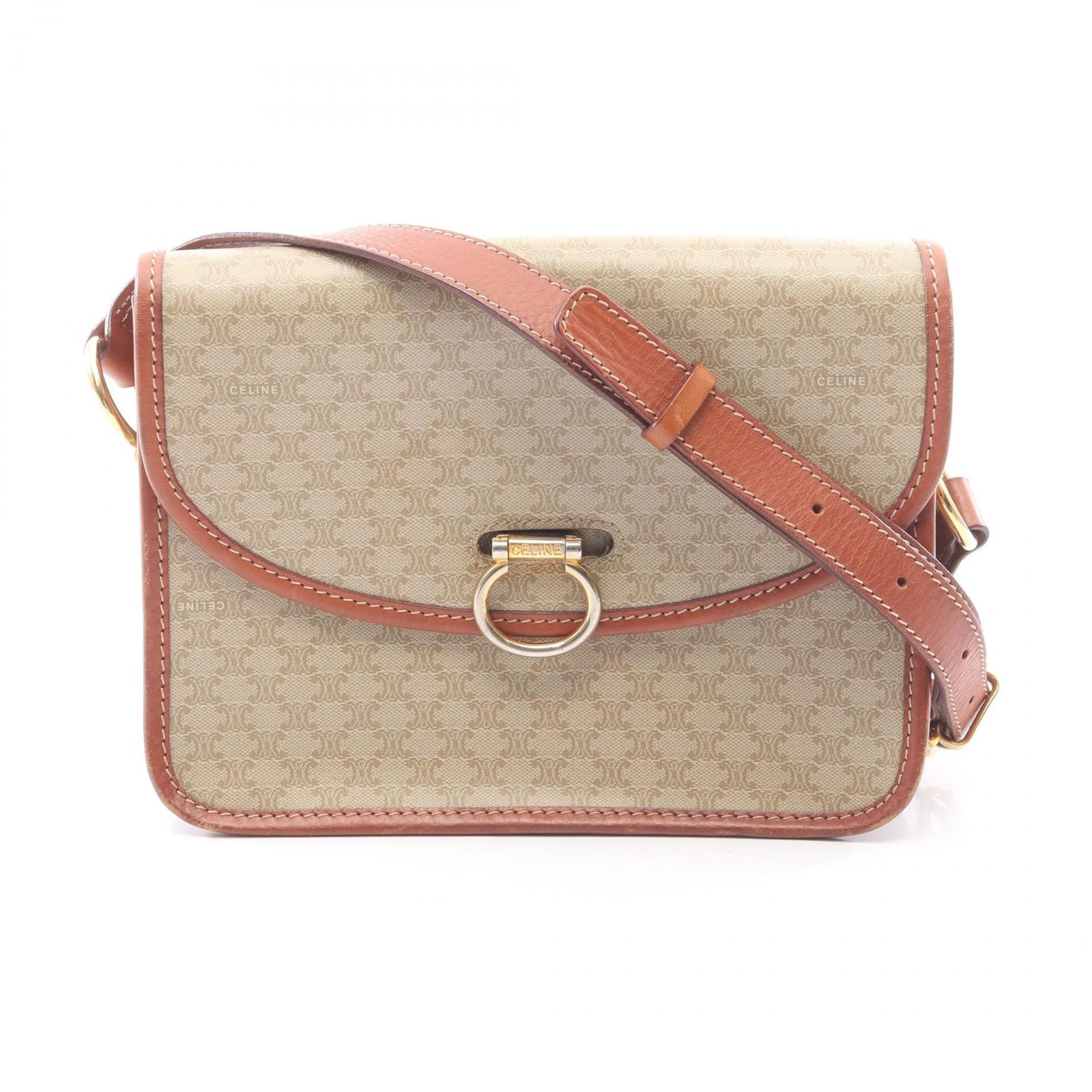 セリーヌ CELINE ショルダーバッグ トリオンフ ベージュ/ブラウン PVCコーティングキャンバス レザー トリオンフ ショルダーバッグ レディース Used B