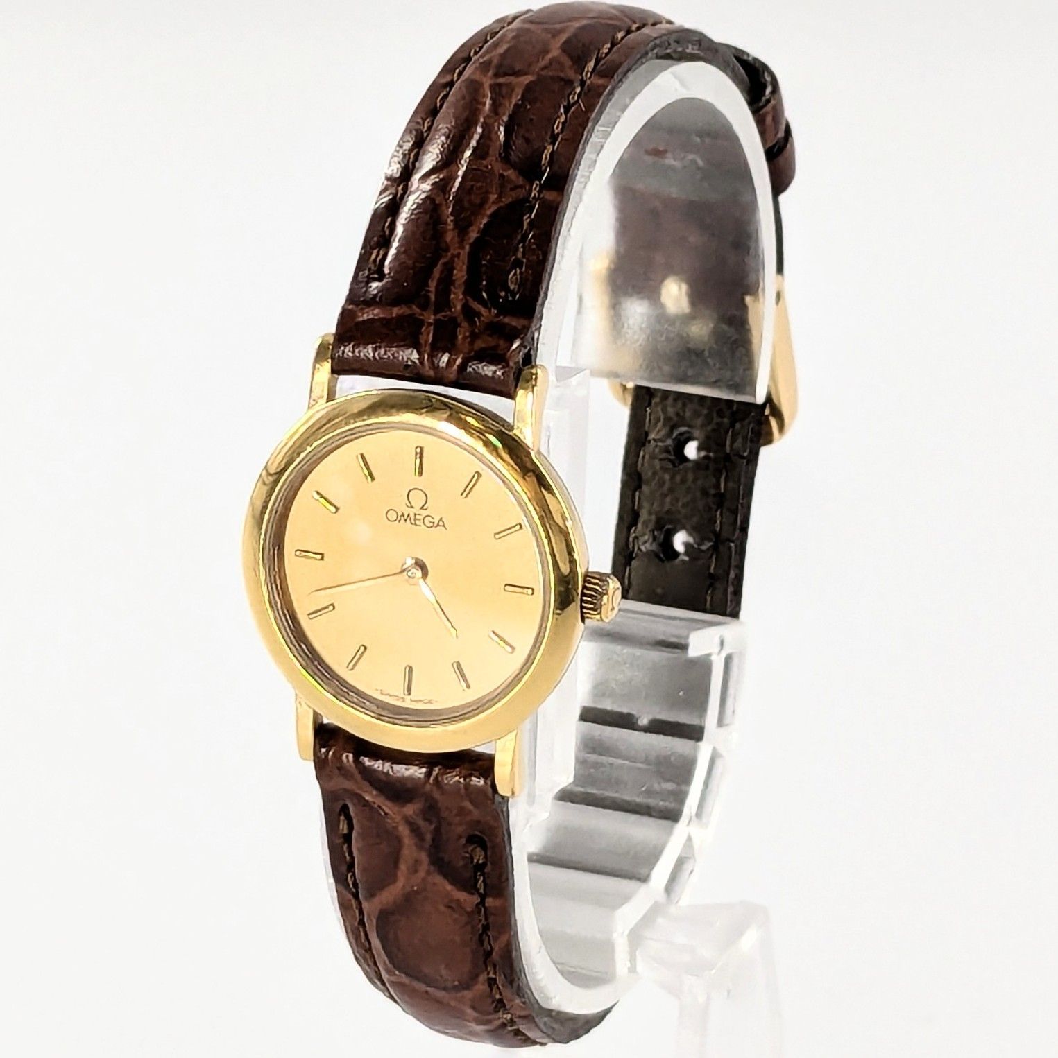 OMEGA オメガ DE VILLE デヴィル 595.0097.2 QZ/革 ゴールド文字盤 レディース腕時計 稼動品【QG-324】
