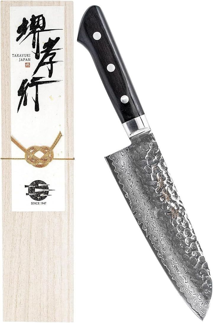 KitcheNavi 堺孝行 プロの料理人が愛用。 ダマスカス 33層槌目 積層強化木 日本製 ステンレス鋼 V金10号 vg10 包丁 青木刃物製作所 (シルバー, 三徳包丁 170mm)