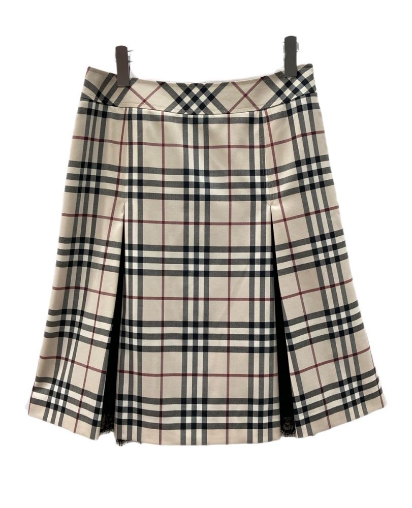バーバリー Burberry ロンドン LONDON タグ付 ノバチェック プリーツスカート 黒レース 膝丈 ミモレ丈 Y2K 平成 レトロ トレンド 三陽商会 BEIGE サイズ44 総柄 ベージュ 104LB-123