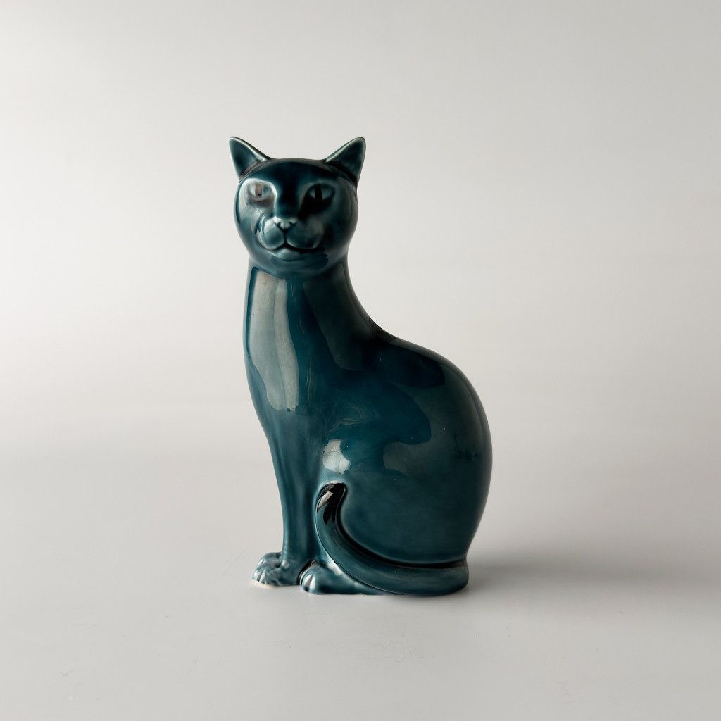 英国 Poole Pottery 猫 オブジェ 陶器 フィギュア 置物 セラミック ディスプレイ 青 ねこ イギリス プールポタリー ヴィンテージ 93291