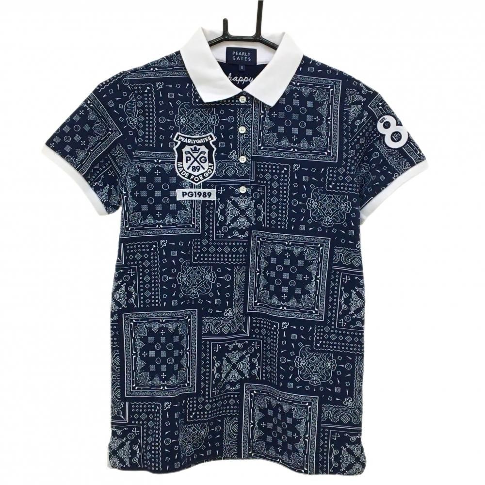 美品】パーリーゲイツ 半袖ポロシャツ ネイビー×白 バンダナ総柄