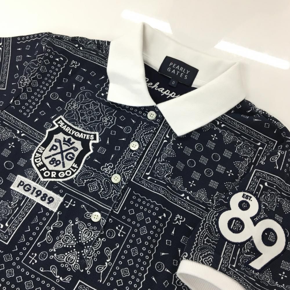 美品】パーリーゲイツ 半袖ポロシャツ ネイビー×白 バンダナ総柄