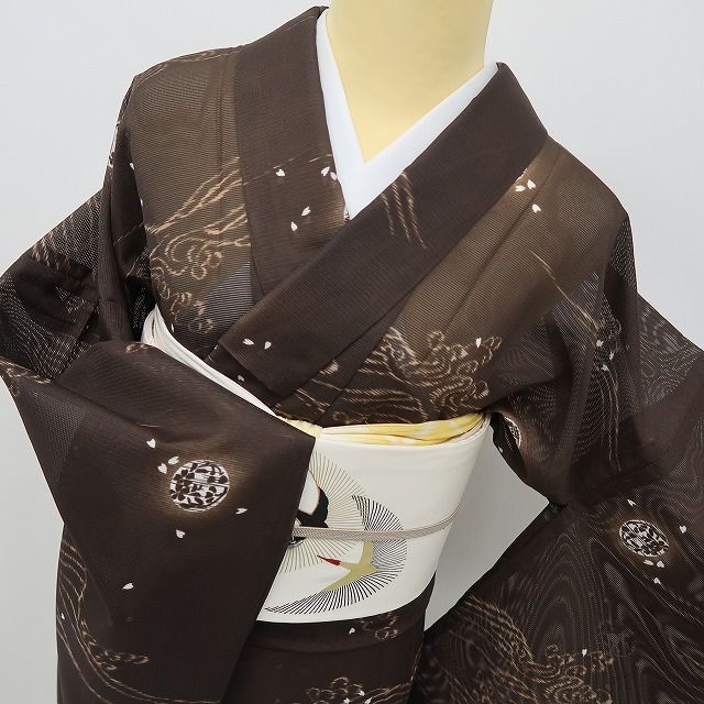 正絹　単衣　小紋 着物 茶色 六角形 唐草花文様　総柄　縮緬　トールサイズ 六花-RIKKA- 美品 洗える夏着物 トールサイズ 絽❀波音にそっと、桜の