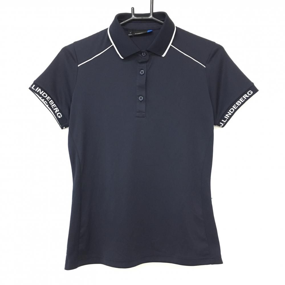 J.LINDEBERG ジェイリンドバーグ ポロシャツ ネイビー オメガ （L） 美品】ジェイリンドバーグ 半袖ポロシャツ ネイビー×白 襟ライン
