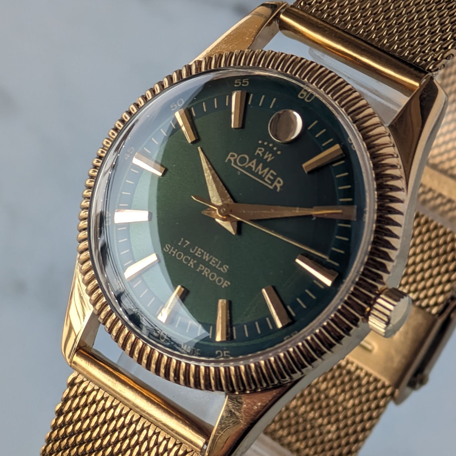 稼働品 ROAMER ローマー 手巻き 70s ヴィンテージ ダークグリーン文字 