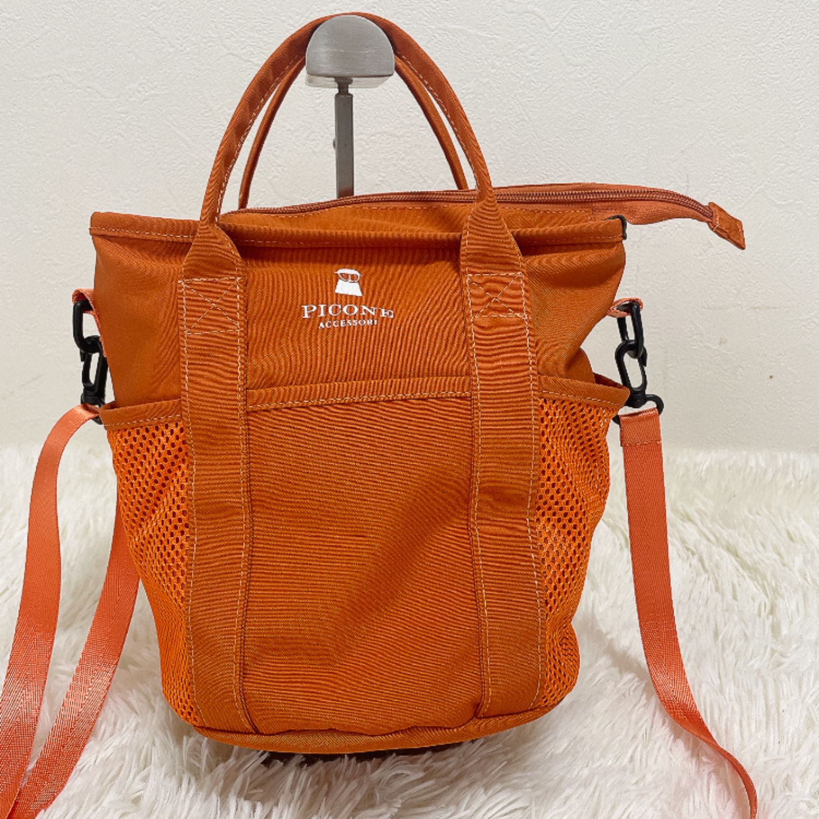 美品】PICONE ピッコーネ メッシュポケット 2WAYバッグ オレンジ 軽量 