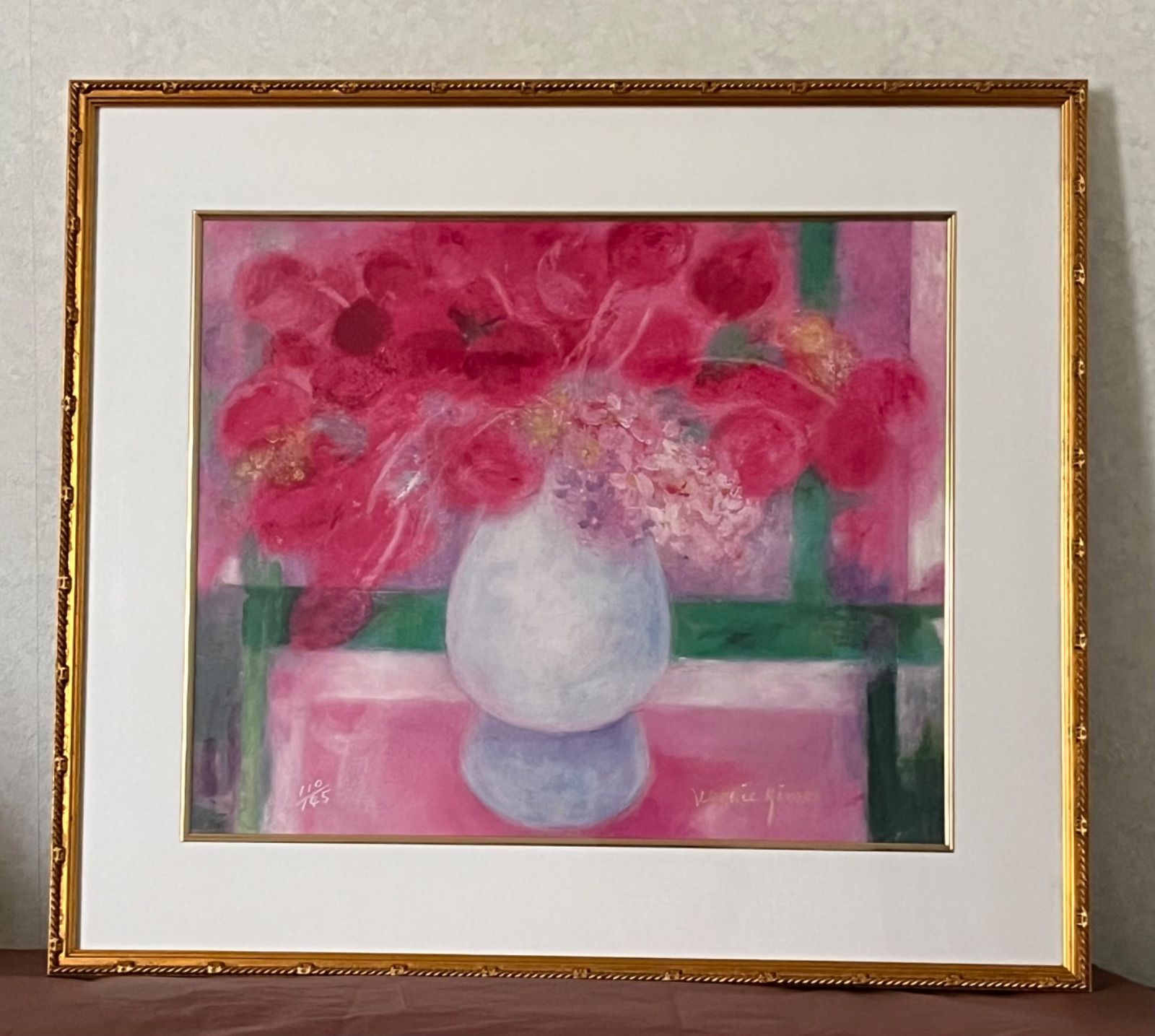 キャンパスジクレー　シルクスクリーン　額入り　版画『夕焼け時の花』ジニー・キム　限定　希少