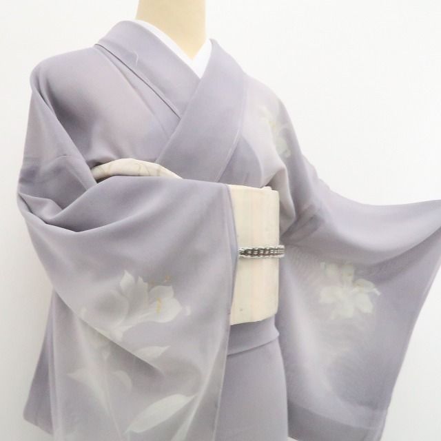 CH08様IO-8 夏着物 小紋【池田重子】落款　紫色　よろけ竹　コウモリ　絽 未着用・夏訪問着】紗 池田重子 落款 百合 夏着物 正絹 仕付け糸付