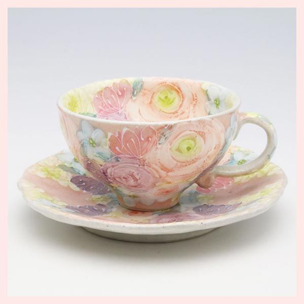瀬戸焼「ゆずりは」シリーズ　コーヒー碗皿（色彩優花）　※陶器,個性的,ギフト,プレゼント,高級品,高品質,贅沢品,日本製,レトロモダン,かわいい,可愛い,手描き,花柄,フラワー柄,きれい,美しい,カップ＆ソーサー　◎2個目以上大幅値引き対象商品♪