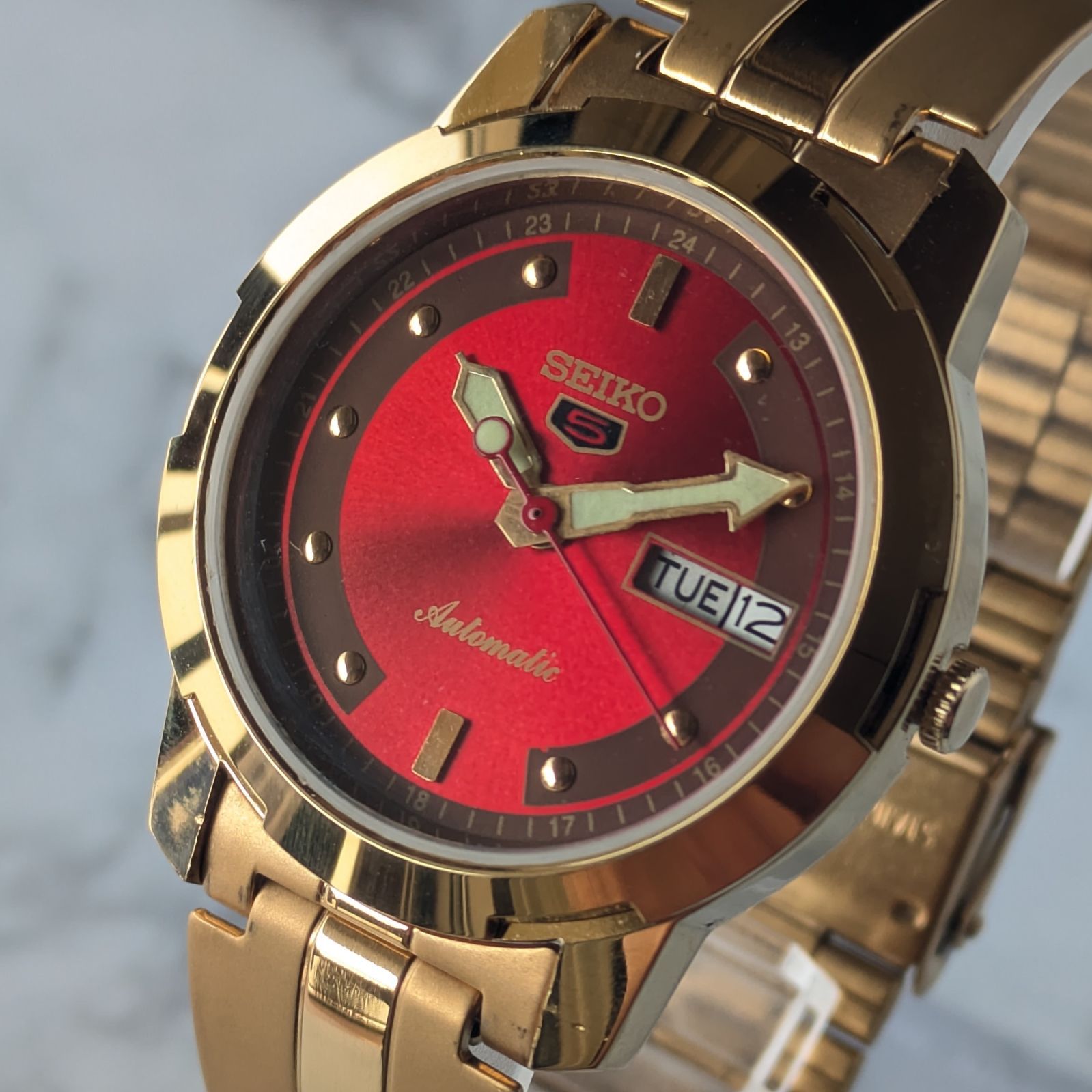 稼働品 SEIKO セイコー5 自動巻き 80s ヴィンテージ レッド文字盤 