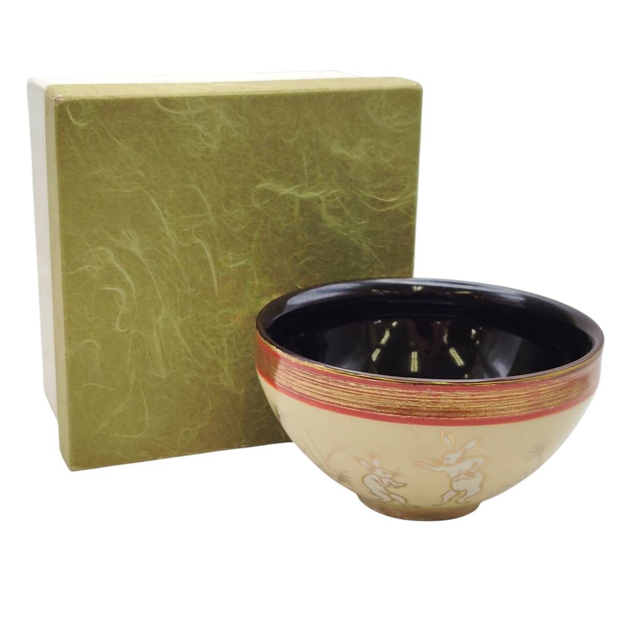 古美術】茶道具 抹茶碗 鳥獣戯画（兎・蛙・猿）金彩・芒 共箱・刻印有