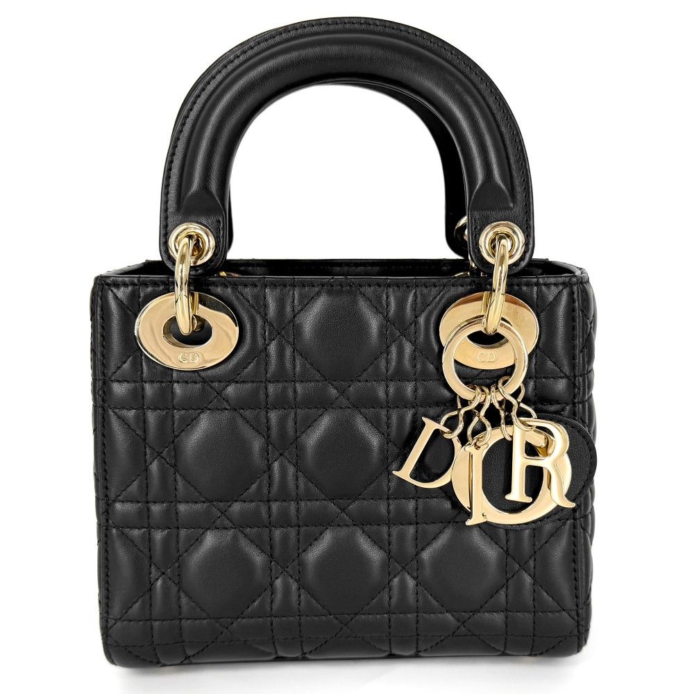 クリスチャンディオール ハンドバッグ レディース カナージュ レディディオールミニ 小さめ Christian Dior ラムスキン ブラック 黒 ゴールド金具【中古品】