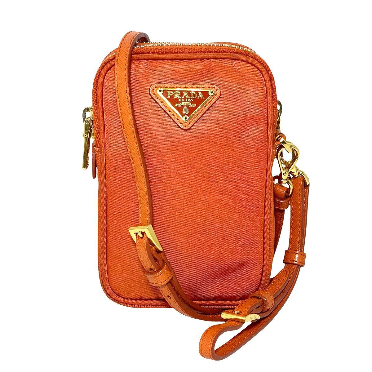 中古】 PRADA プラダ ナイロン フォンケース オレンジ トライアングル