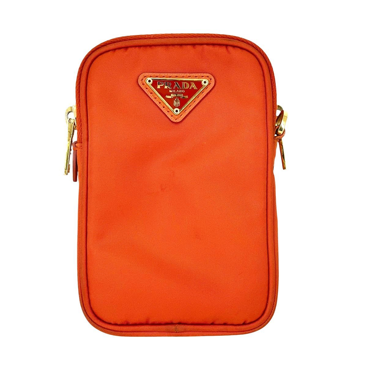 中古】 PRADA プラダ ナイロン フォンケース オレンジ トライアングル