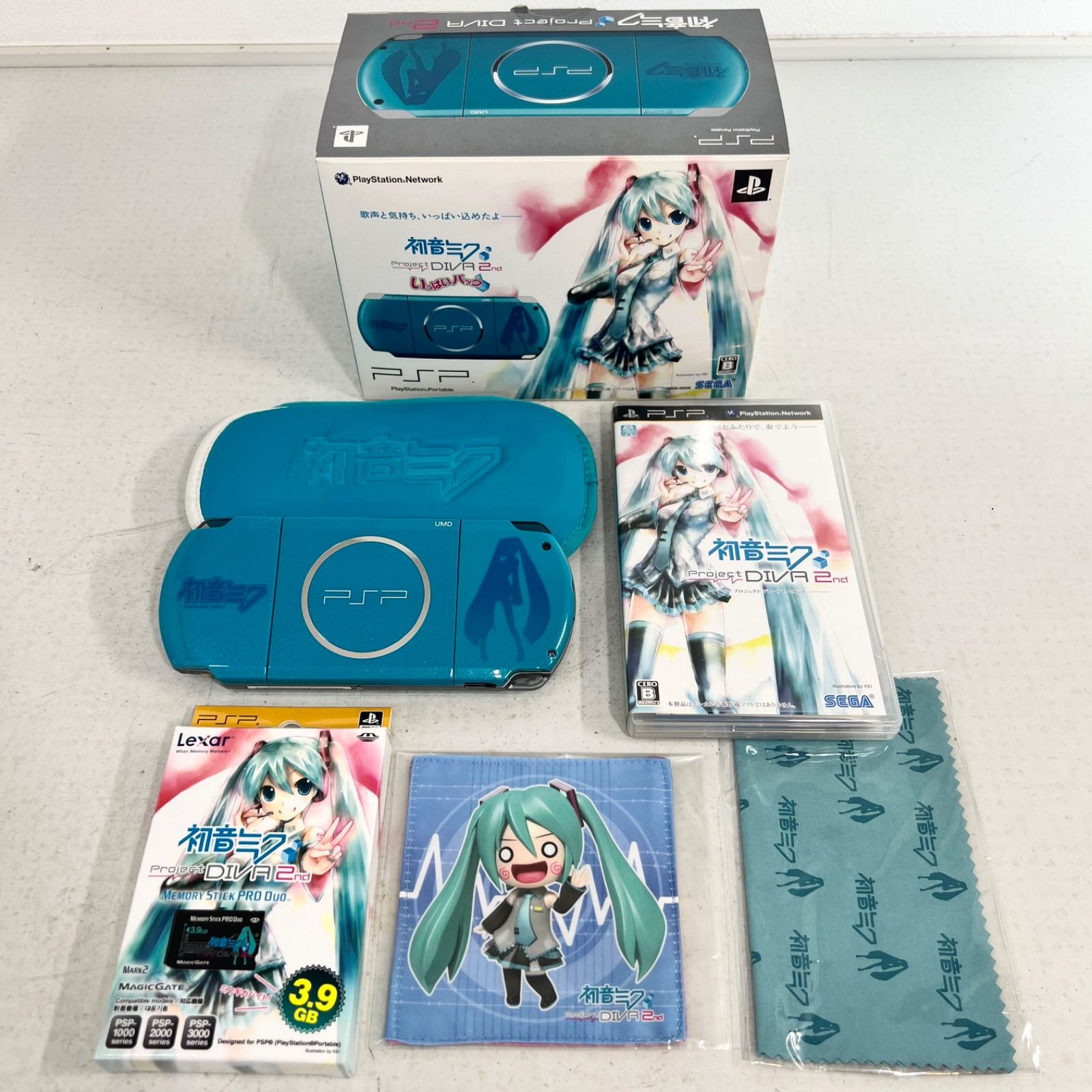 [중고] 소니 소니 PSP-3000 본체 하츠네 미쿠 프로젝트 DIVA 2nd 풀팩 플레이스테이션 포터블 터쿼이즈 그린 프레스 테스트 보컬로이드 게임