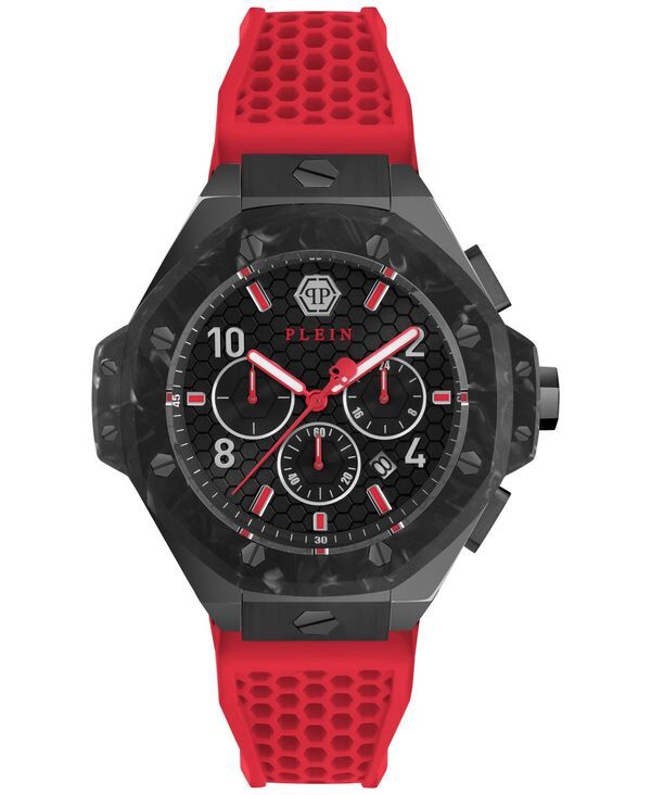 フィリッププレイン メンズ アクセサリー 腕時計 Philipplein Mens Chronograph Red Silicone Strap Watch 46mm Black ブラック