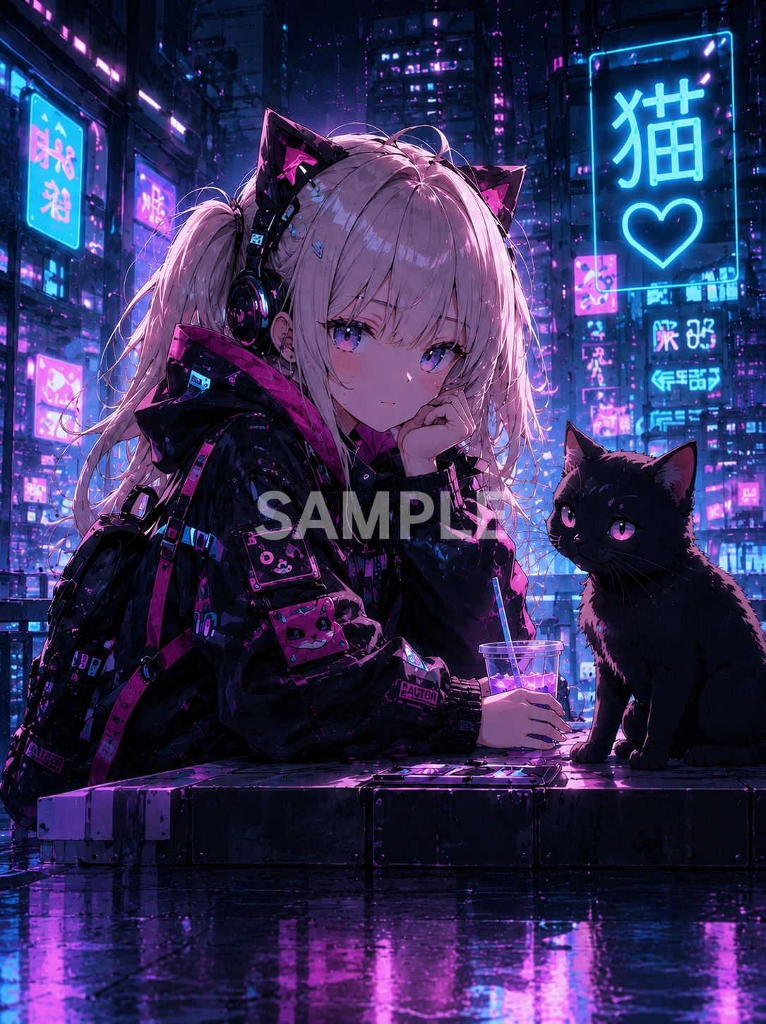 822 サイバーパンク 猫耳少女 高画質アート ポスター風 ネオン