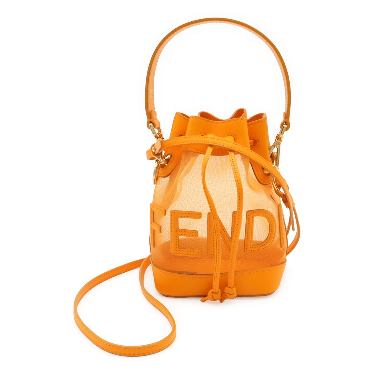 FENDI フェンディ ロゴ モン トレゾール ハンドバッグ ミニバッグ 巾着型 2WAY ショルダーバッグ メッシュ レザー オレンジ ゴールド金具 8BS010