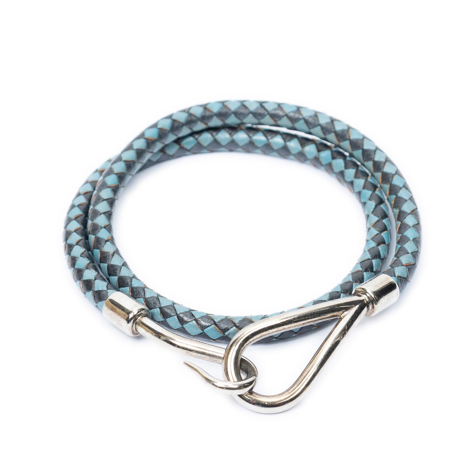 [中古] HERMES エルメスBraided Jumbo Hook Double Tour Bracelet黒エイジドカーフスキンA