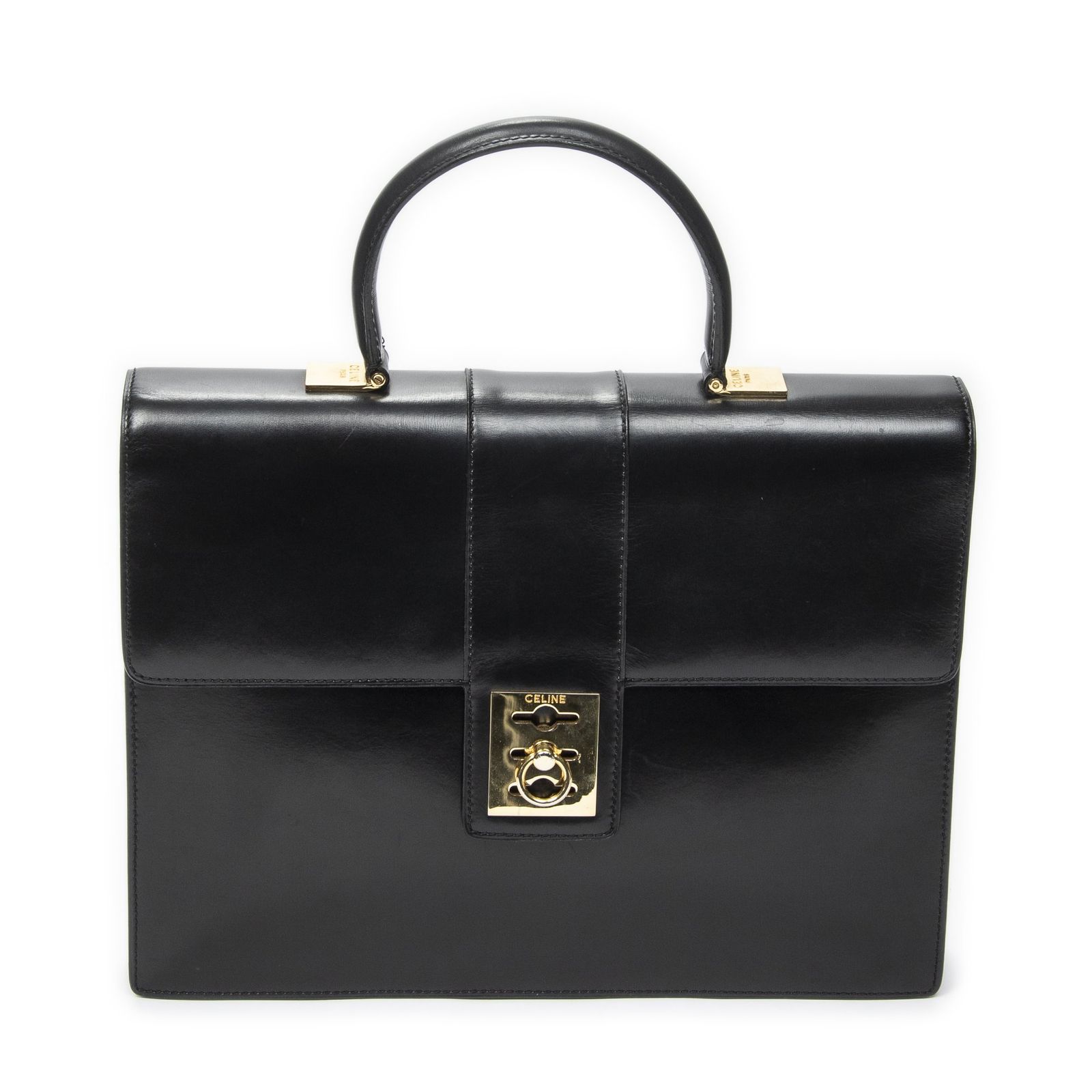 [中古] CELINE セリーヌVintage Top Handle Flap Business Bag黒カーフスキンレザーA