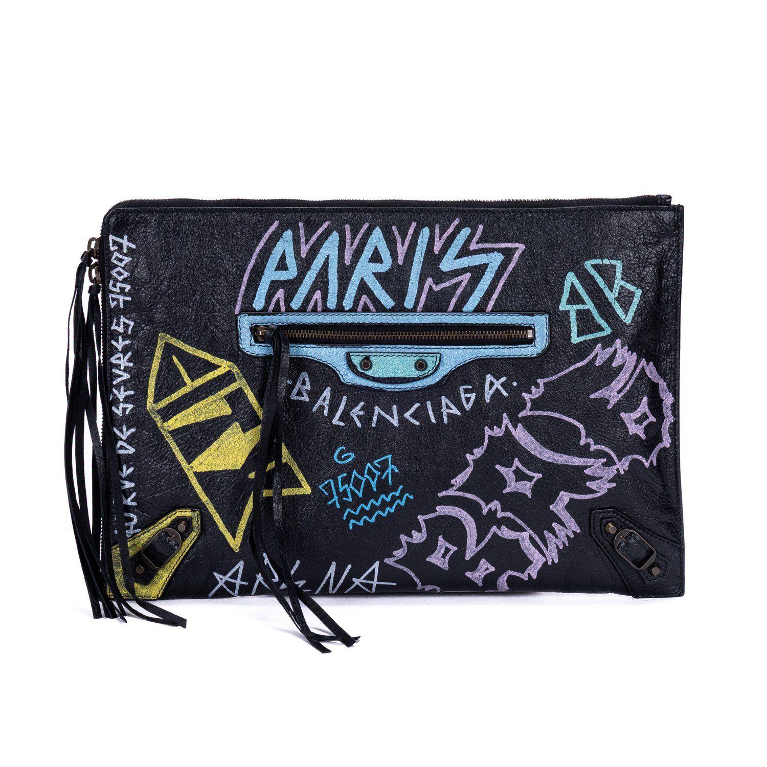 [中古] BALENCIAGA バレンシアガGraffiti Clutch黒、マルチカラーGraffiti Print LeatherA