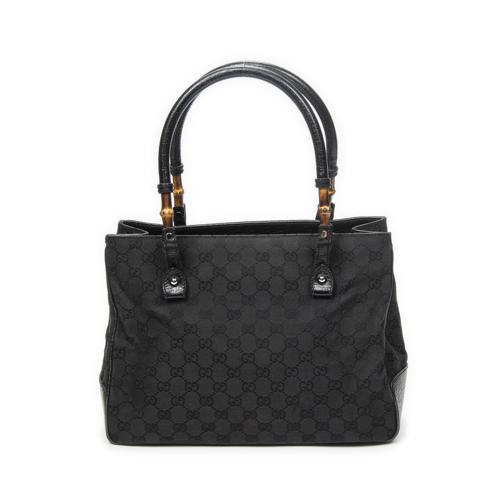 中古] GUCCI グッチラージスクエアバンブートートバッグ黒GGキャンバス