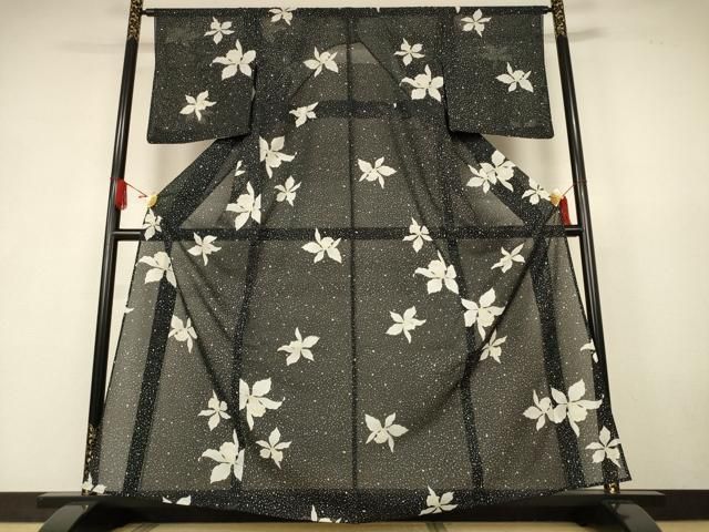 平和屋着物＊夏物　洗える最高級着物　＜英＞はなぶさ謹製　小紋　絽　舞花文　黒地　洗える着物　AABK6544jd