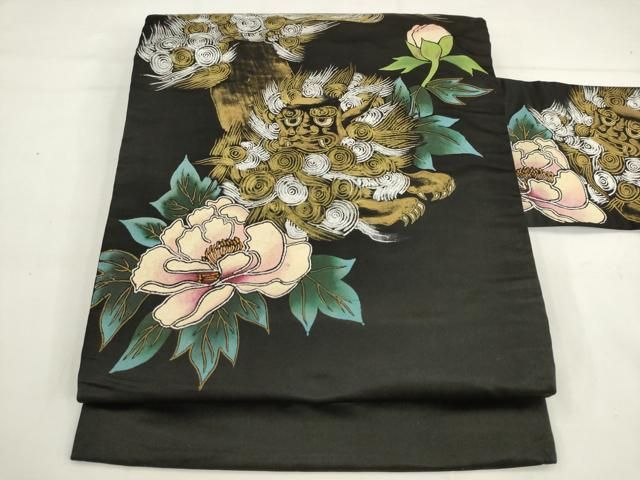 平和屋着物●アンティーク 大正ロマン 九寸名古屋帯 手描き 唐獅子 黒地 金銀彩 正絹 逸品 AABK6848pf