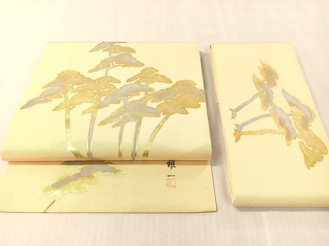 平和屋着物●東京手描友禅　安達雅一　塩瀬　つけ帯　松　金彩　正絹　逸品　CABK4634vp