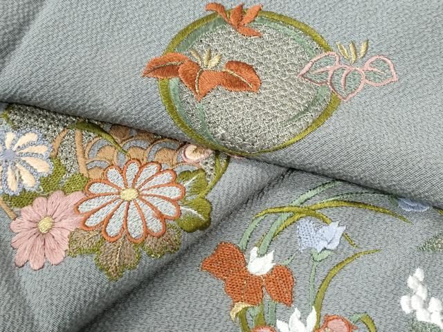 平和屋着物○中国三大刺繍 スワトウ刺繍 総刺繍 訪問着 草花丸文 金糸