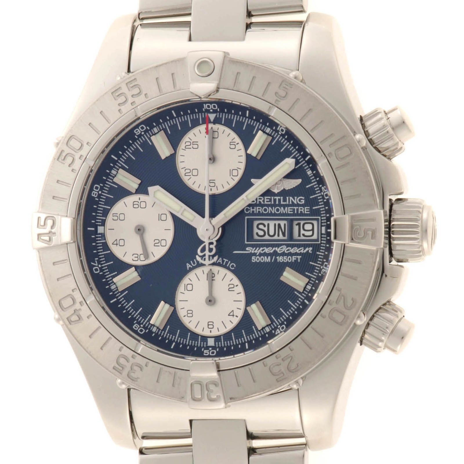 BREITLING ブライトリング スーパーオーシャン クロノグラフ A13340 A111C16PRS デイデイト 500m防水 青 ブルー SS ステンレス メンズ 自動巻き【6ヶ月保証】【腕時計】【中古】 BREITLING ブライトリング スーパーオーシャン クロノグラフ